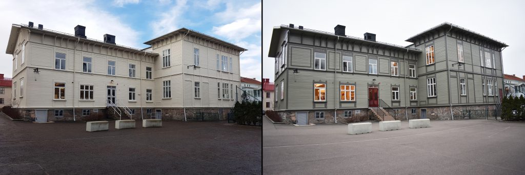 Lindholmsskolans gamla skolbyggnad framifrån före och efter renovering