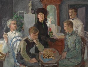 Målning av Tove Jansson som föreställer ett schackparti mellan två killar. Tre andra personer står/sitter bredvid.